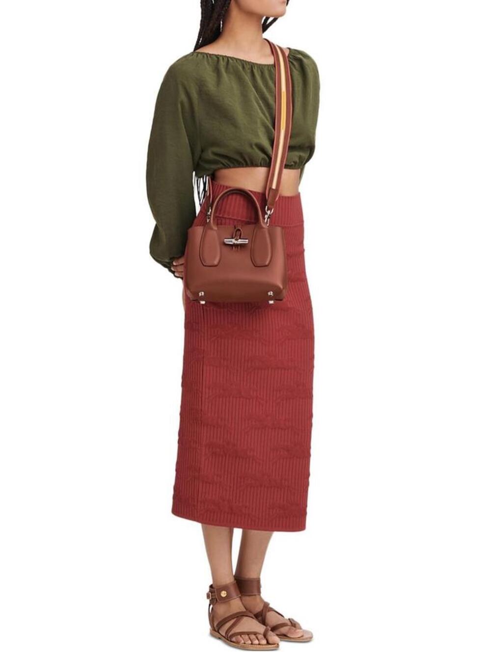 Longchamp Roseau Small Box Leather Bag Double Handle Crossbody NEW Mahogany